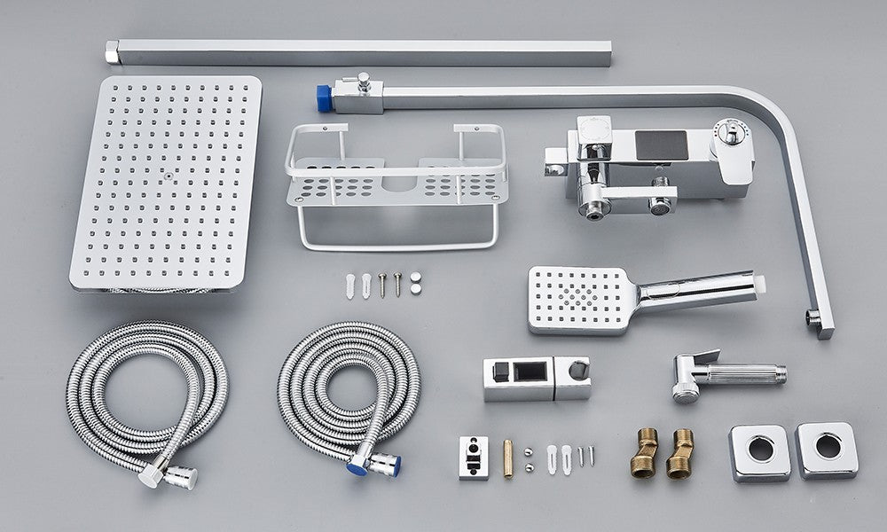 Black Digital Display Thermostatic Shower Faucet Bathroom Thermostatic 4 ways Rainfall Shower Mixer Tap,Shelf and Bidet Faucets