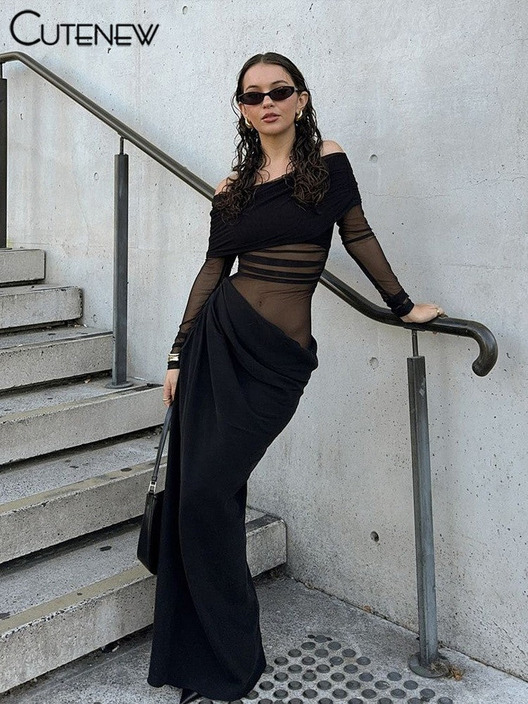 Cutenew Mesh Ruched Women Maxi Dress Sexy See Through Off Shoulder Long Sleeve S