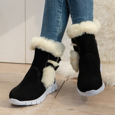 Winter Round Toe Plus Velvet Warm Side Zipper Casual Mid-calf Boots New Comfortable Fashionable Buckle Flat Snow Boots for Women