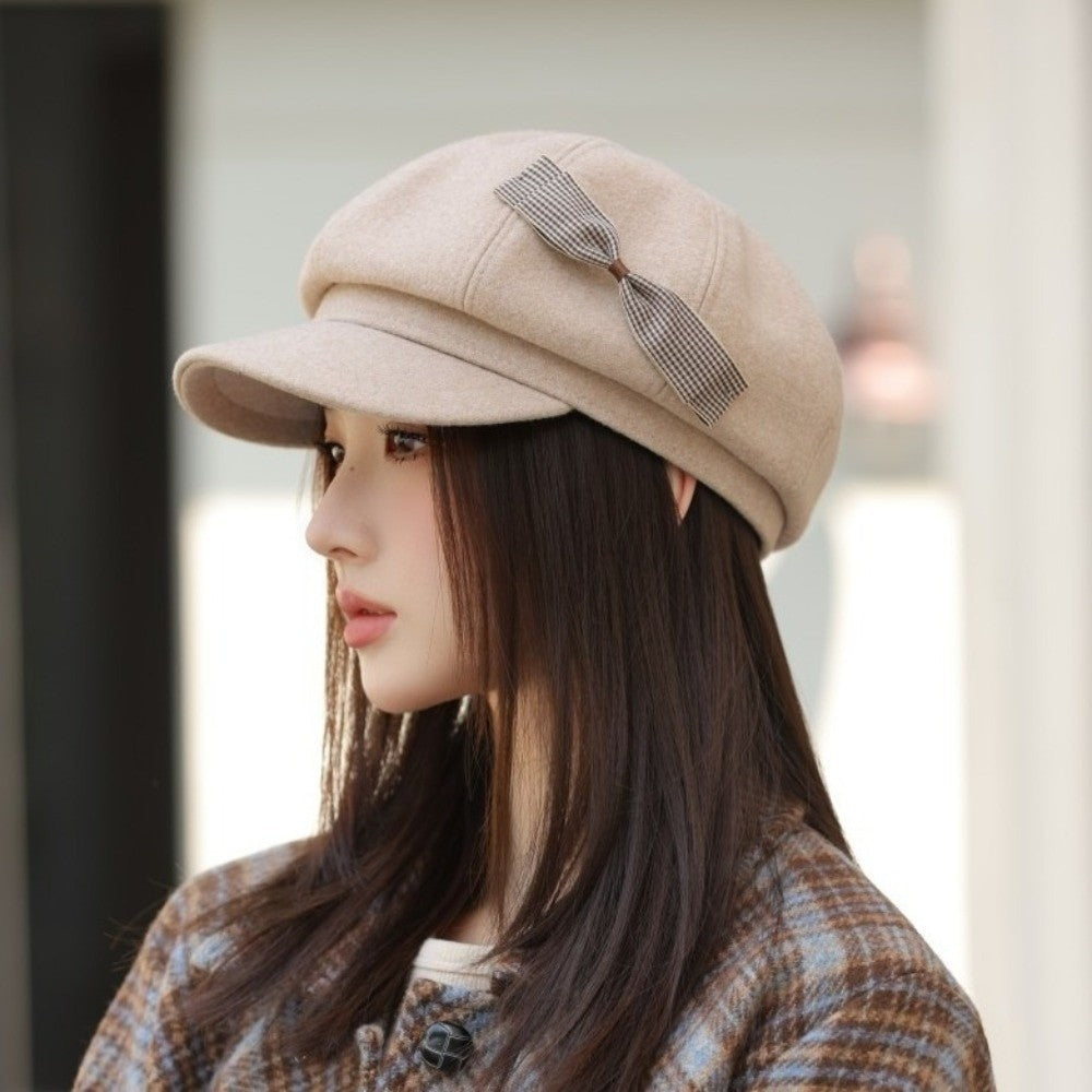 Retro Wool Bow Beret Solid Color Warm Painter Hat Versatile Y2k Newsboy Hat Female
