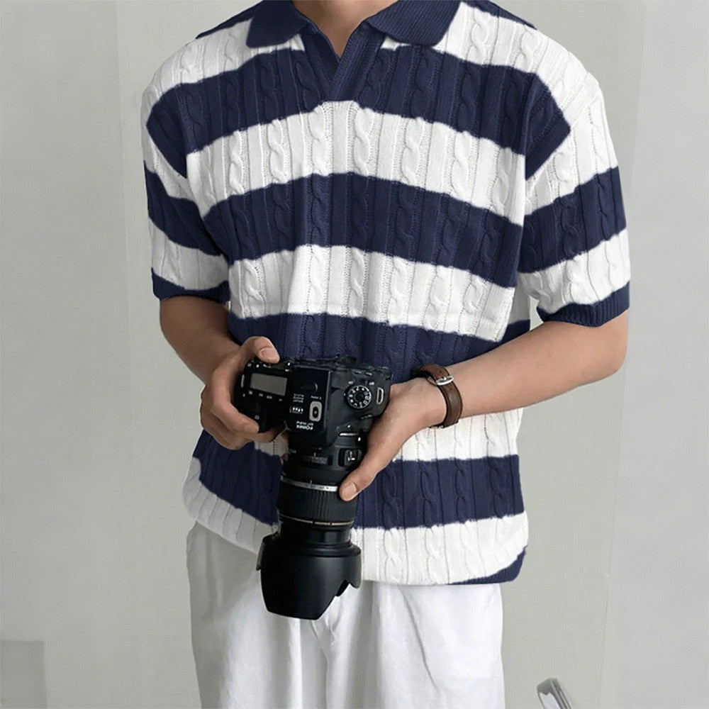 Men's Polo Short Sleeve Retro Knit Lapel Striped Short Sleeve Fashion Popular Knitwear Casual Breathable Top US Size