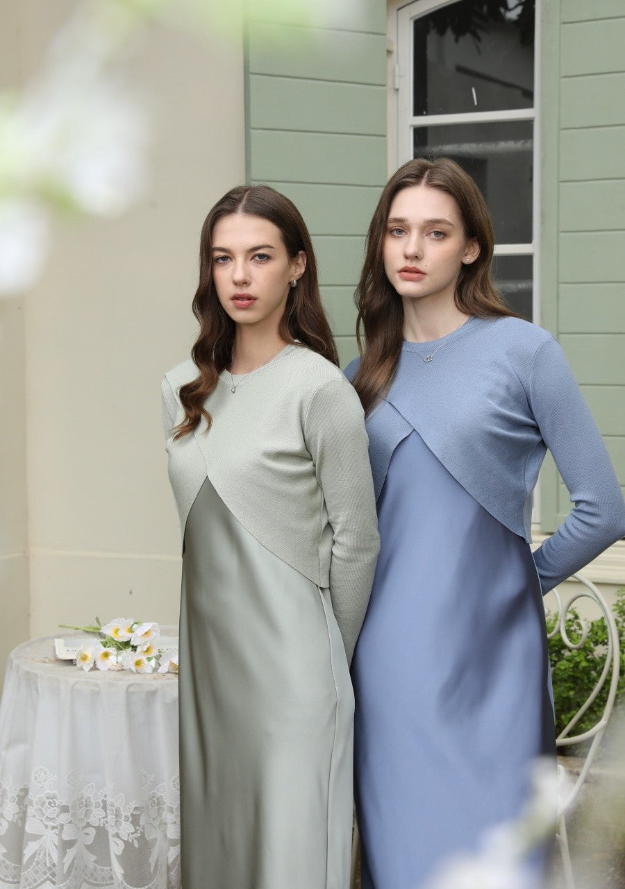 AS 2025 spring summer elegance satin dress + knitted top match set maxi floor le