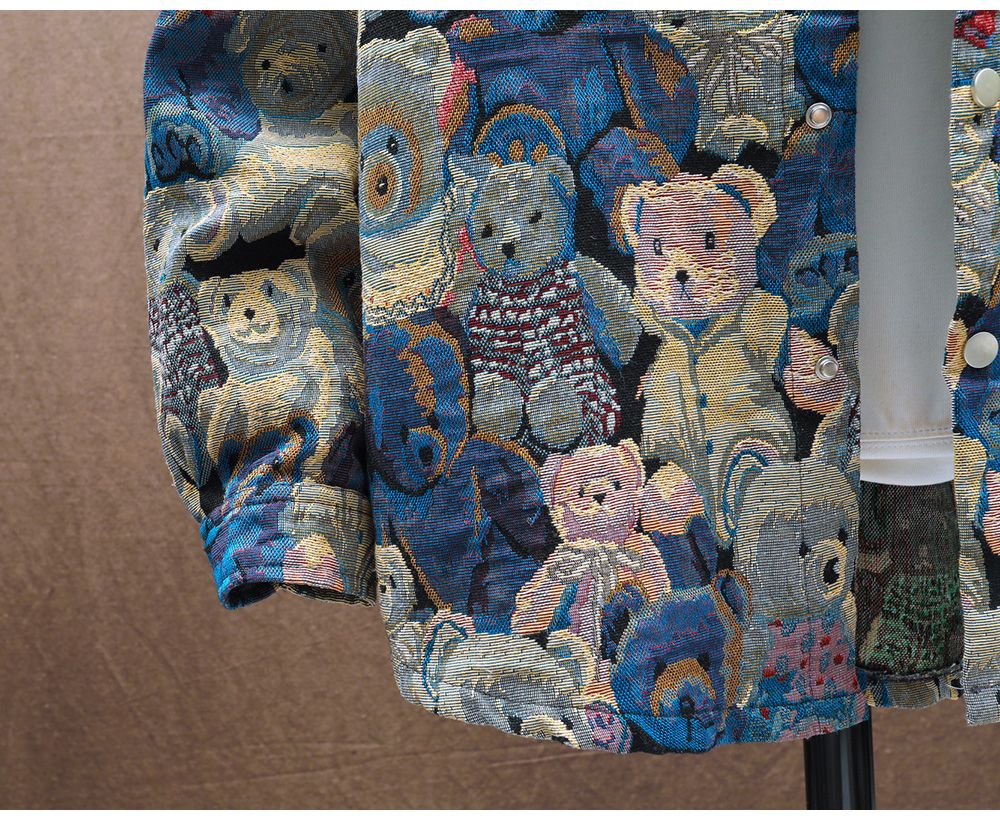 Men Teddy Bear 3/4 Sleeve Jacket Fashion Animal Pattern Coat Jacquard Woven Top Outerwear