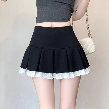 High-Waisted Skirts for Women Korean Fashion Lace Spliced Pleated Skirt Ladies Summer All-Match Anti-Glare Mini Skirt