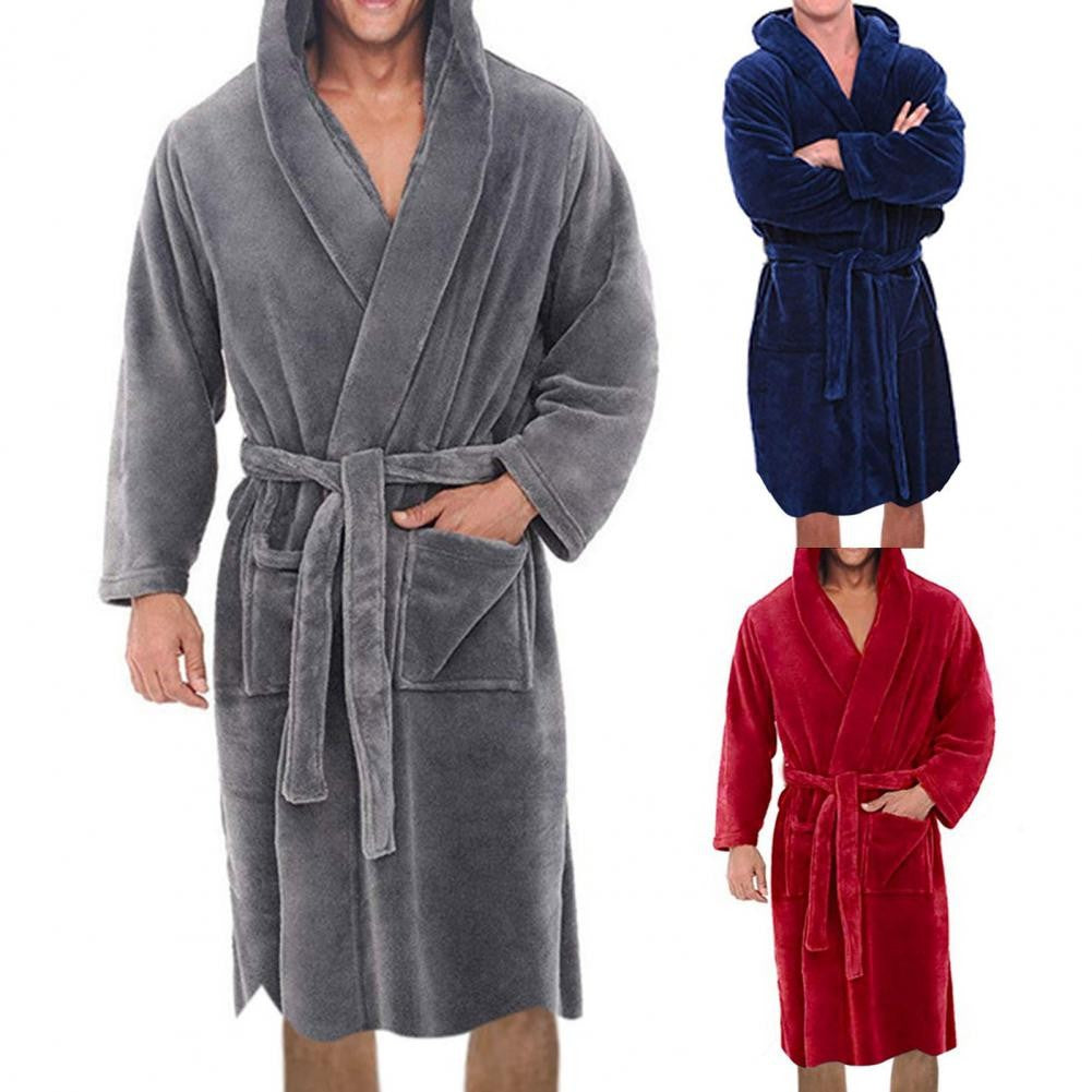 Belt Flannel Bath Robe for Men Hooded Pockets Warm Men Nightgown Men Plush Bathrobe Sleepwear Home Clothes Loose Pajamas Robe
