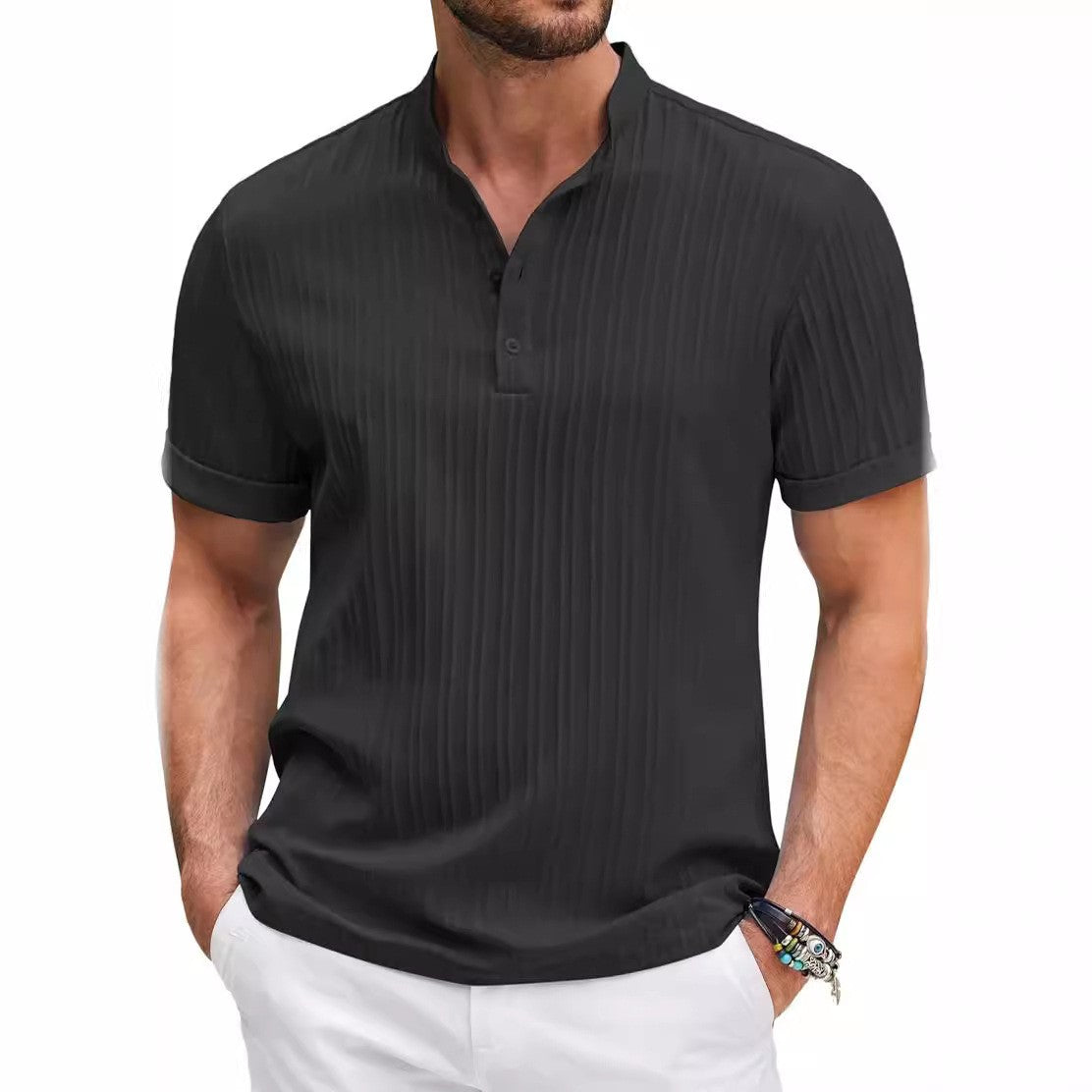 2025 Summer New Men's High Quality Breathable Striped Jacquard Shirt Lapel Casual Comfortable Stylish Casual Short-Sleeved Shirt