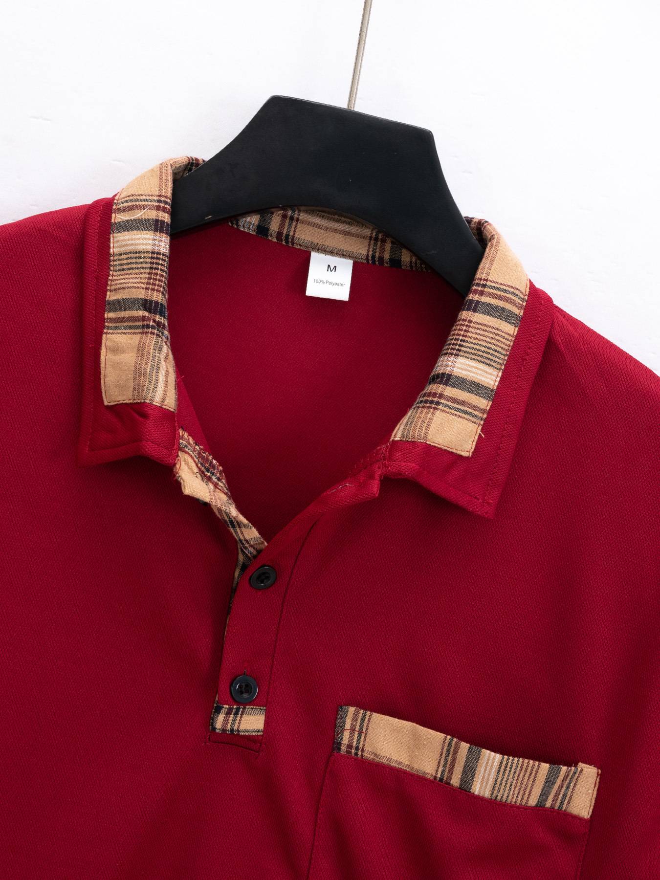 New men's casual spring and fall fashion plaid lapel long sleeve pocket comfortable party outdoor top polo shirt