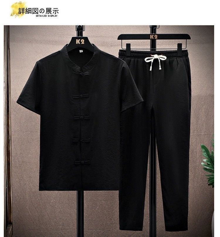 Summer New Fashion Solid Color Breathable Cotton and Linen Suit Men's Leisure Loose Sports Large Size High-Grade Two-Piece Set