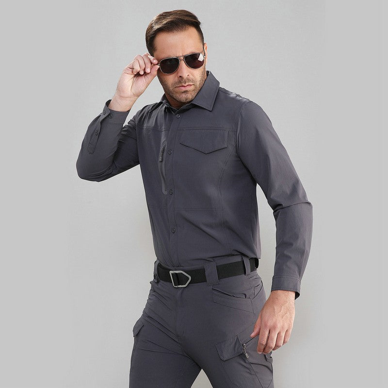 Stretch Men's Shirt Multiple Pockets Quick Drying Shirts High Quality Male Elastic Tooling Shirt Men Clothing Casual Shirts AF54