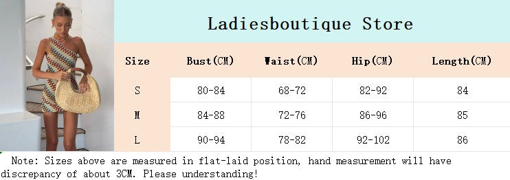 Irregular Printed Knitted Mini Dress For Women Chic Backless Slanted Shoulder Sl