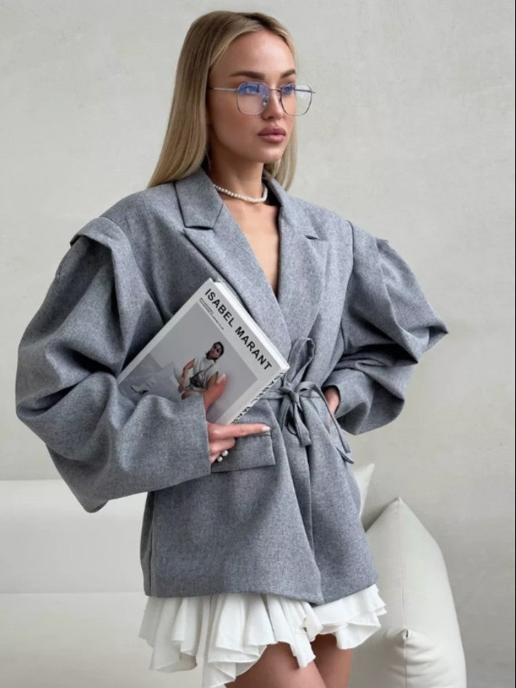 Lace Up Shoulder Pad Blazer Coat Women Elegant Turn-down Collar Long Sleeve Pockets Slim Fit Coats Chic Ladies Commute Outerwear