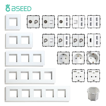 BSEED EU Standard Wall Socket with USB RJ45 TV Satellite Plug Glass Panel DIY Free Combination Function Part for Home Automation