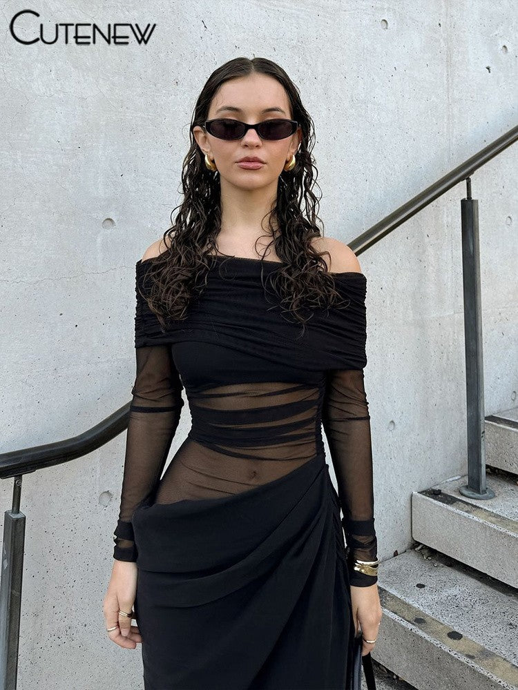 Cutenew Mesh Ruched Women Maxi Dress Sexy See Through Off Shoulder Long Sleeve S