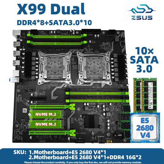 ZSUS X99 Dual CPU Motherboard Kit Xeon E5 2680 V4 with DDR4 32GB (2*16GB) LGA2011-3 M.2 NVME for Desktop Gaming Computer