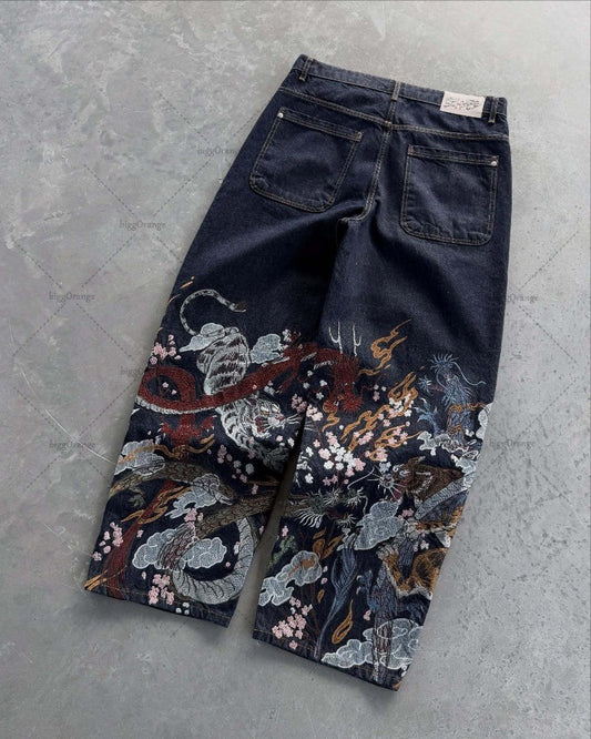 Fashion Harajuku High Street Striped Print Loose Straight High-waisted Pants Men Y2K Casual Hip-hop Oversized Washed Jeans Women