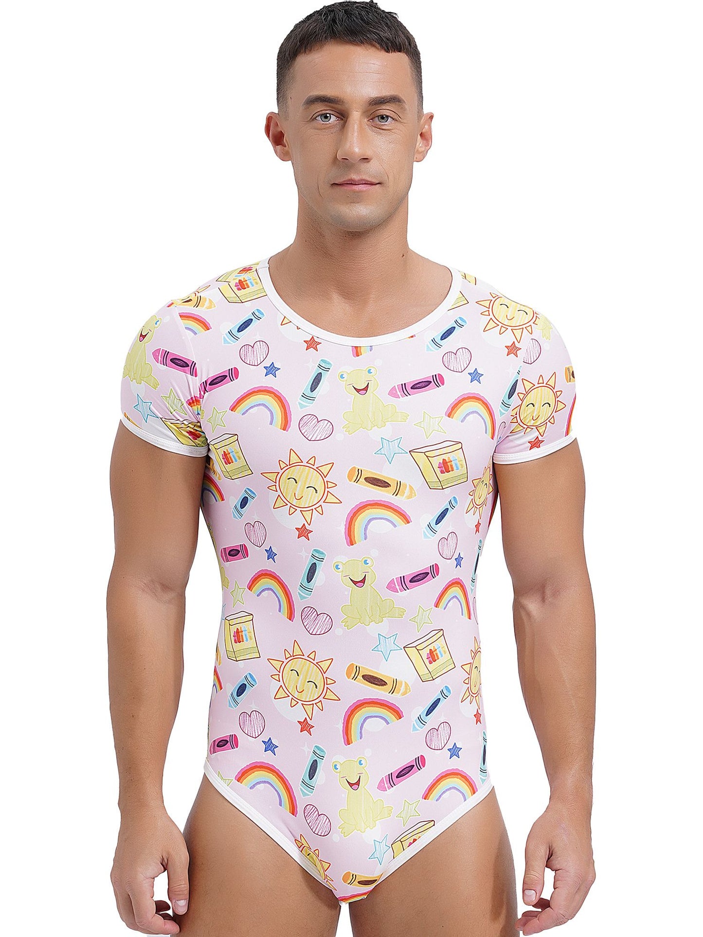 Mens Cute Cartoon Print Bodysuit Sissy Pajamas Short Sleeve Buttoned Crotch Diaper Rompers Gay Male Onesies Sleepwear Loungewear