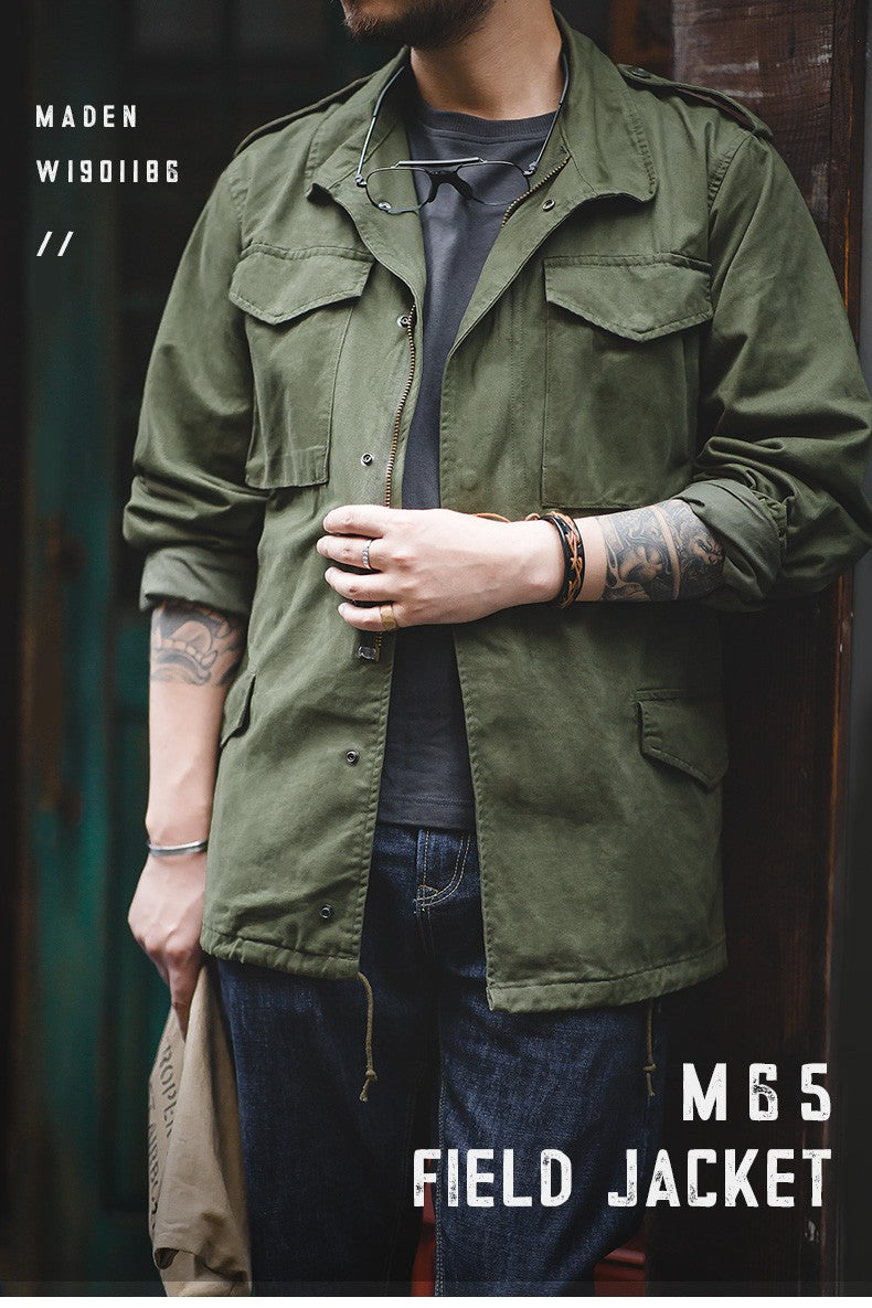 Maden Military M65 Field Jackets For Men's Green Vintage Army Jacket Casual Windbreaker Solid Lapel Collar with Pockets Overcoat