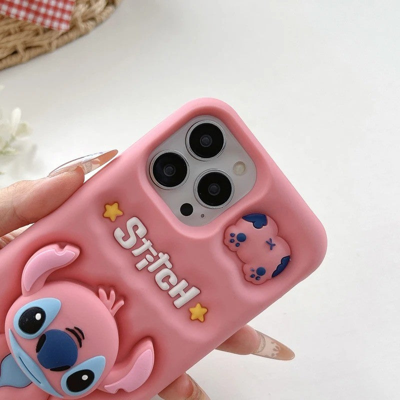 Capa de celular 3D fofa de desenho animado Stitch para iPhone 17 16 15 14 13 12 Pro Max 11 com suporte de silicone macio e pega de cabeça fofa