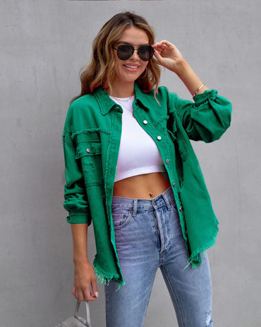 2025 Holes Raw-edges Denim Jacket Women Spring Autumn Shirt Style Jeancoat Casual Top Rose-Red Orange Purple Outerwear Lady Coat