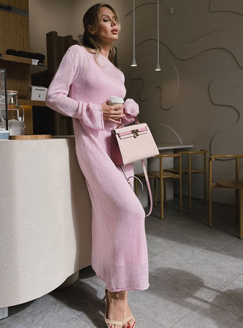 Hirsionsan Spring Autumn O-Neck Elastic Knit Long Dresses Women 2024 Elegant Chi