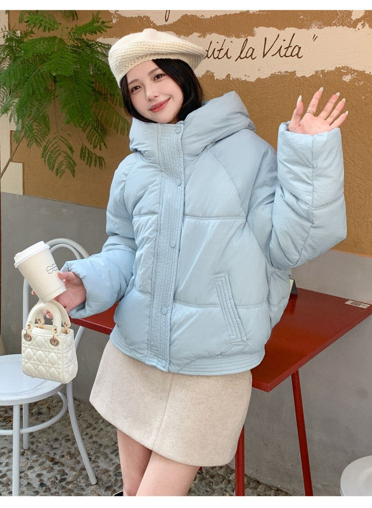 Korean Winter Women Black Beige Hood Zipper Down Jacket Ladies Blue Single Breasted Short Warm Thick Bread Coat Streetwear Trend