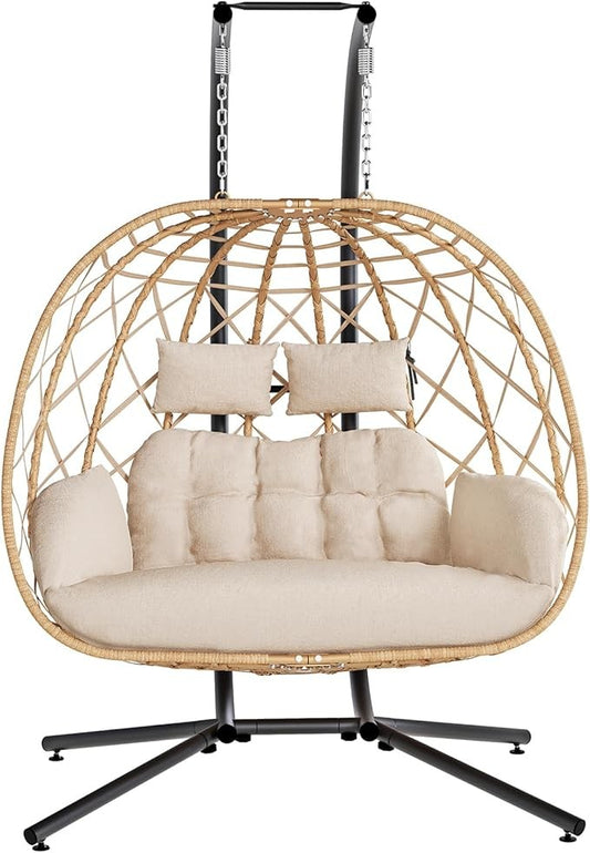 Double Egg Swing Chair with Stand, 2 Person Outdoor Indoor Hammock Hanging Chair with Cushion for Patio Living Room 550 LBS