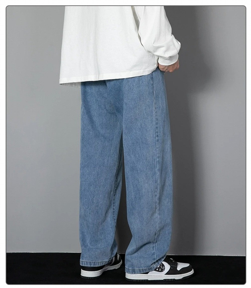 Korean Solid Colors Men's Casual Long Jeans Classic Man Four Seasons Straight Denim Wide-leg Pants Light Blue Grey Black 3XL
