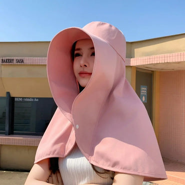 Women Summer Sun Hat with Wide Brim UV Protection, Ponytail Design Neck Shawl for Outdoor Fishing Hiking