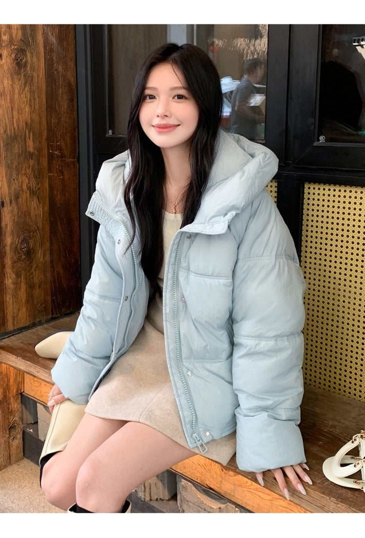 Korean Winter Women Black Beige Hood Zipper Down Jacket Ladies Blue Single Breasted Short Warm Thick Bread Coat Streetwear Trend