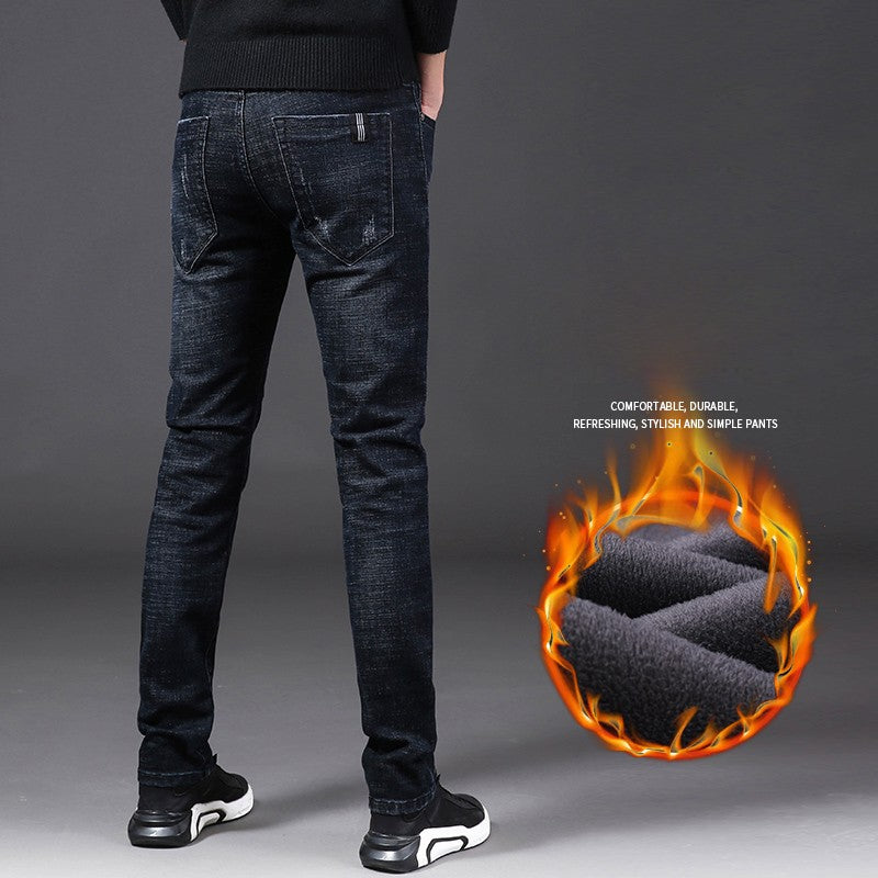 Men Winter Thermal Jeans Snow Warm Stretch Straight Jeans Man Fleece Denim Long Pants Cool Narrow Leg Slim Fit Blue Trousers