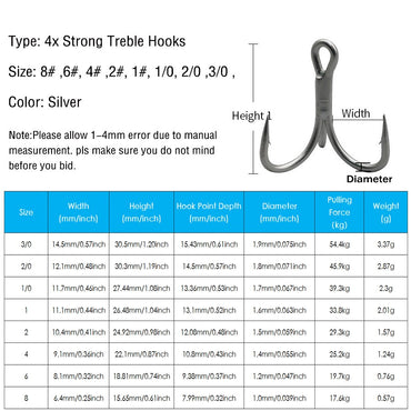 Anzol Triplo 4X para Pesca Pesada Traíra Anchova Salmão Rei Pesca 10 Peças 8# 6# 4# 2# 1# 1/0 2/0 3/0
