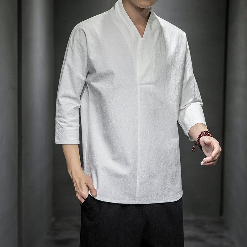 Shirts Men Solid Pullover V Neck Three Quarter Mens Kimono Shirts Traditional Streetwear Blouse Chinese Style Linen Shirts Man