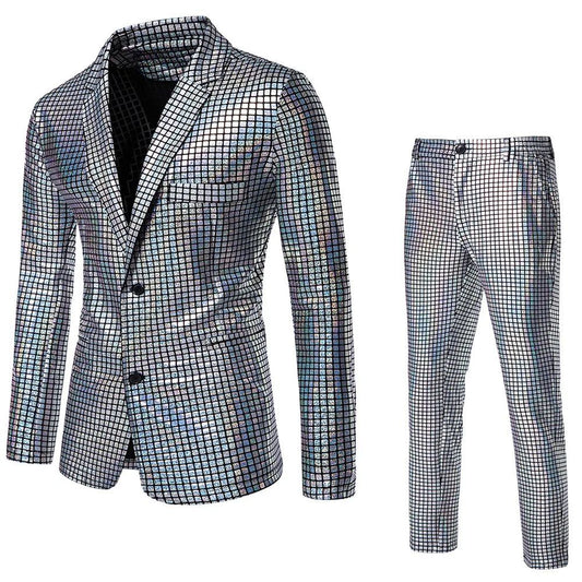 Fashionable New Men's Sequin Hot Stamping Suit Disco Cosplay Party Stage Nightclub Shiny and Cool Performance Suit Set SizeS-3XL
