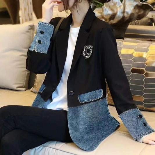 New Autumn 2025 Fashion Korean Version Loose Women Denim Jacket Splicing Suit Ladies Denim Outerwear Elegant Female Jeans Coat