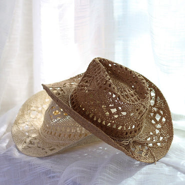 Chapéu de cowboy ocidental de palha feito à mão, chapéu de sol de aba enrolada para festa, proteção solar, unissex, para homem e mulher