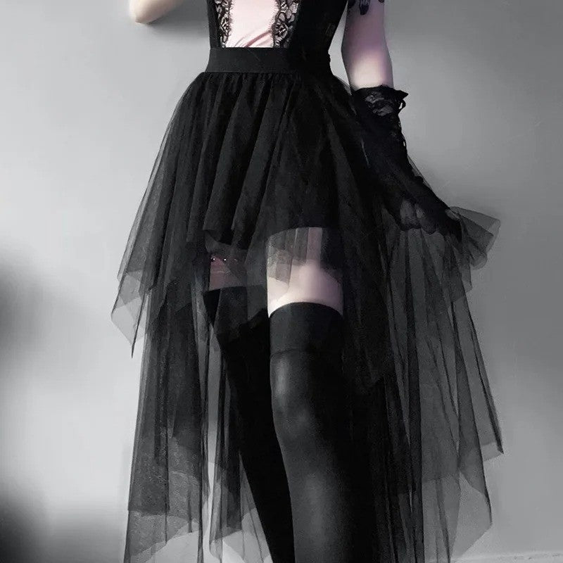 Sexy Net Yarn High-Waisted Irregular Skirt for Women Summer New European and Ame