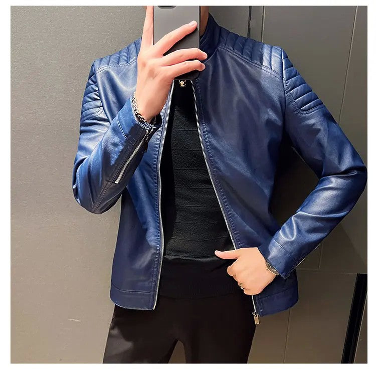 Men standing collar Jacke, leather motorcycle jacket men,bomber leather coat?fashion trend personalized leather winter clothing