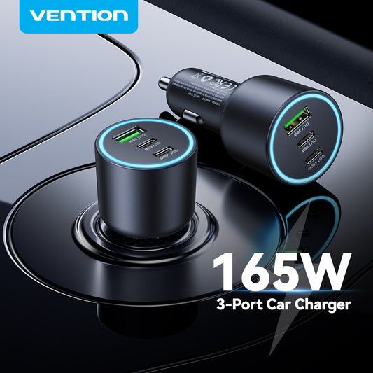 Vention 165W USB C 12V Car Charger 3-Ports PPS PD 45W For Samsung S25 iPhone 17 16 Macbook PD QC3.0 100W Fast Charging Adapter