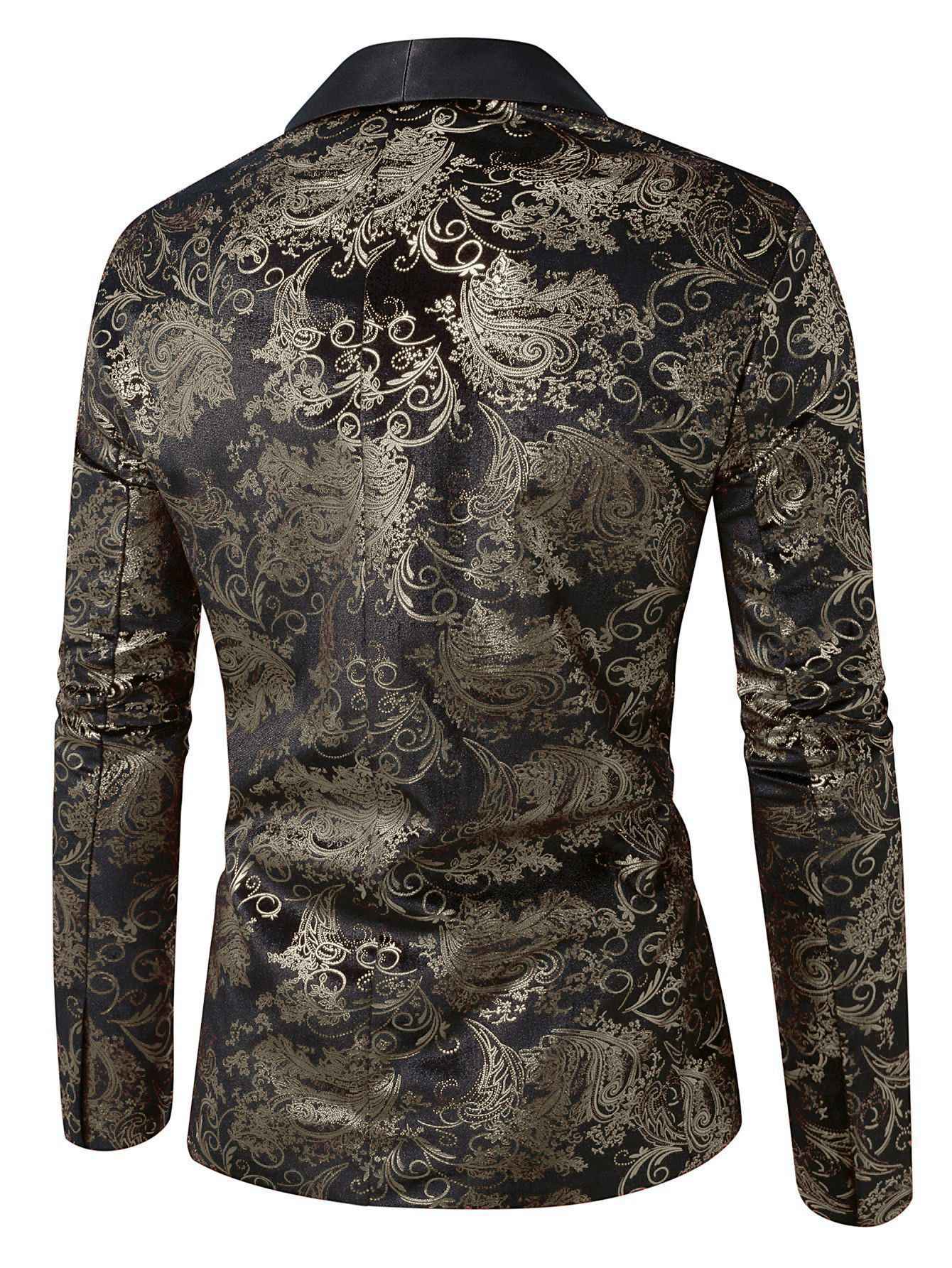 Men's Purple Print Suit Jacket Burgundy Long Sleeve Black Collar Single Button Coat for Wedding Party Stage Performance