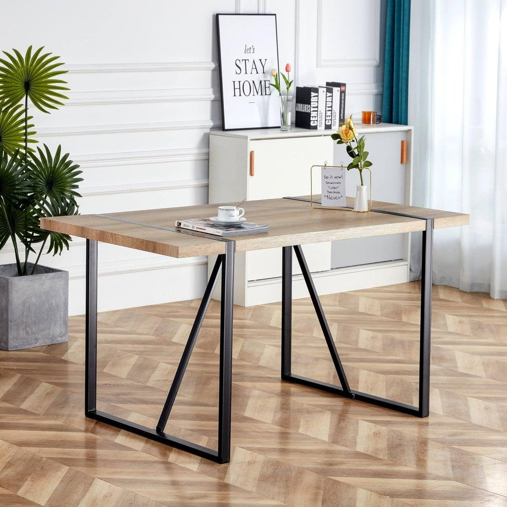 Industrial Style Rectangular MDF Top Dining Table, 55 for 4-6 People, Black Metal Legs
