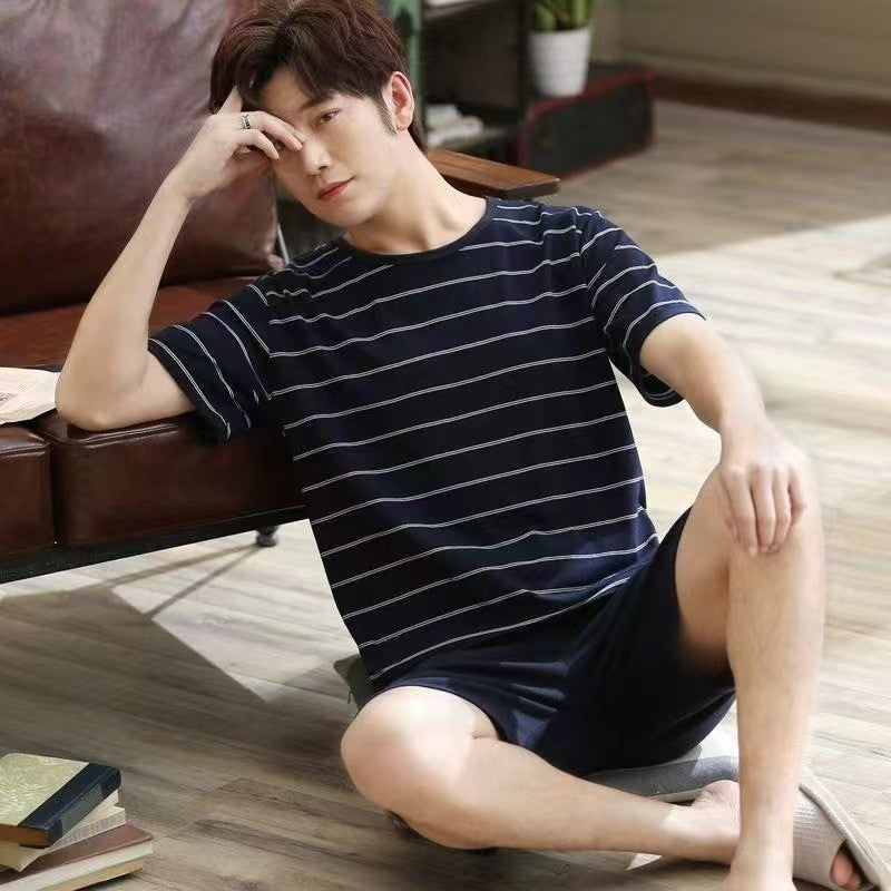 Summer Men's Pajamas Homewear Set Men's Short-Sleeved Shorts Teenage Students Cartoon Striped Casual Pajamas Homewear Set