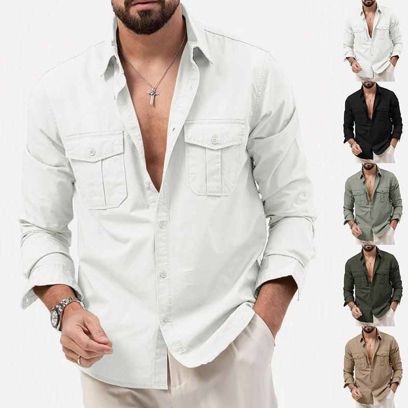 Safari Cotton Shirts Mens Outdoor Work Travel Button Down Tops Casual Long Sleeve Hiking Camping Utility Shirt With Flap Pocket