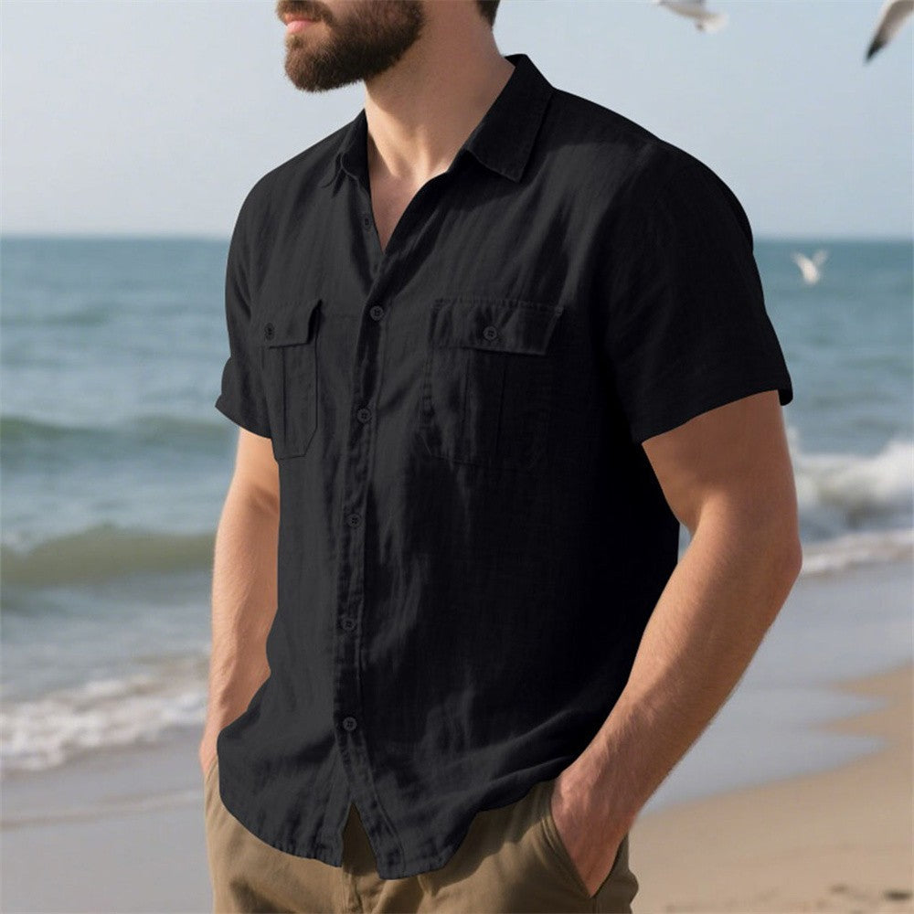 Summer Men's Cotton Linen Short Sleeve Shirt Double Pocket Solid Color Cargo Shirts Casual Vacation Beach Style Lightweight Tops