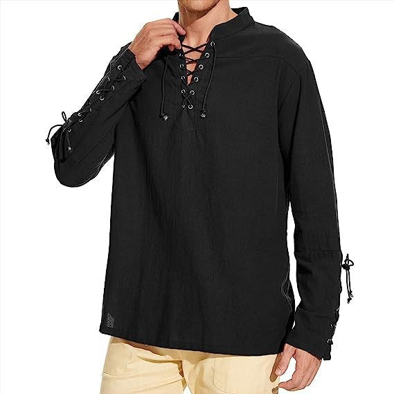 Cotton Linen Shirts for Men Medieval Costume Beach Tops Shirt Pull on Male Loose Casual Streetwear Cosplay Long Sleeve