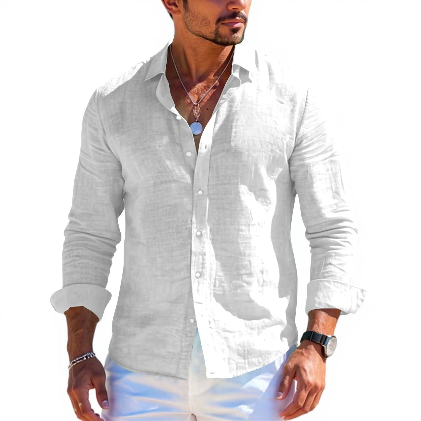 Men's tops long sleeve new style shirt cotton linen cool solid color loose lapel casual beach style cardigan spring and summer