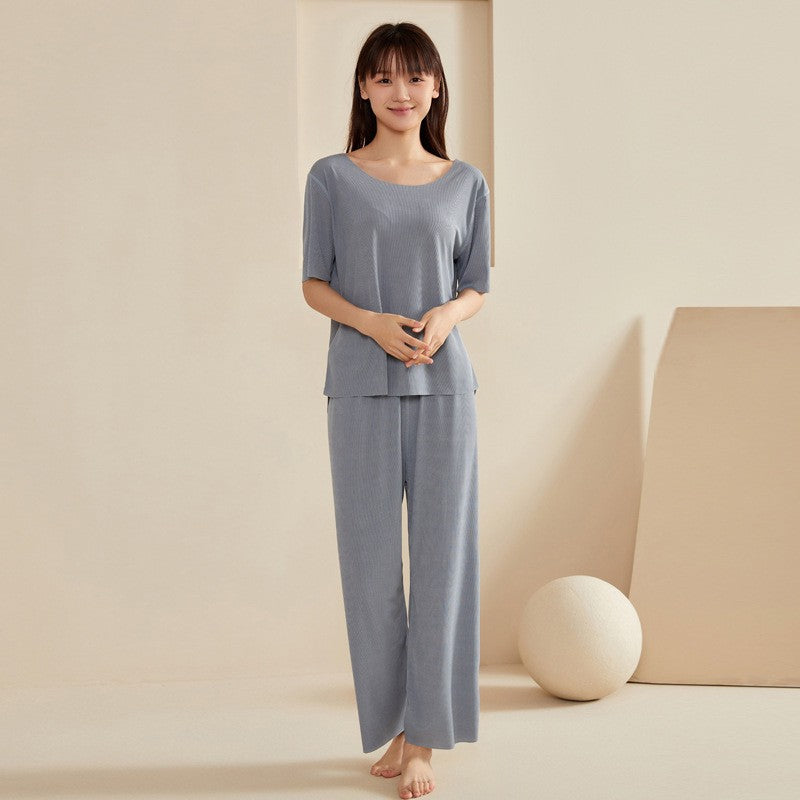 Super Thin Pajamas Suit Women Men Summer Ice Silk Cool Short-sleeved O-Neck Sleepwear Male Female Classic Simple Loungewear Suit