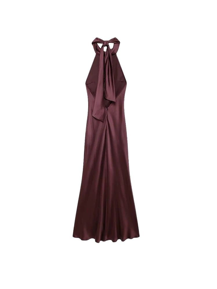 TRZA-Women's Long Satin Halter Dress, Backless, Bow Tied, Back Zipper, Female Dr