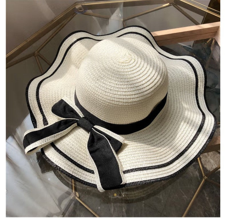 Beach HatJapanese Everything Hairy Edge Straw Hat Female Summer dome Top Outing Sun Hat Small Fresh Bow Sun Shade Beach Hat