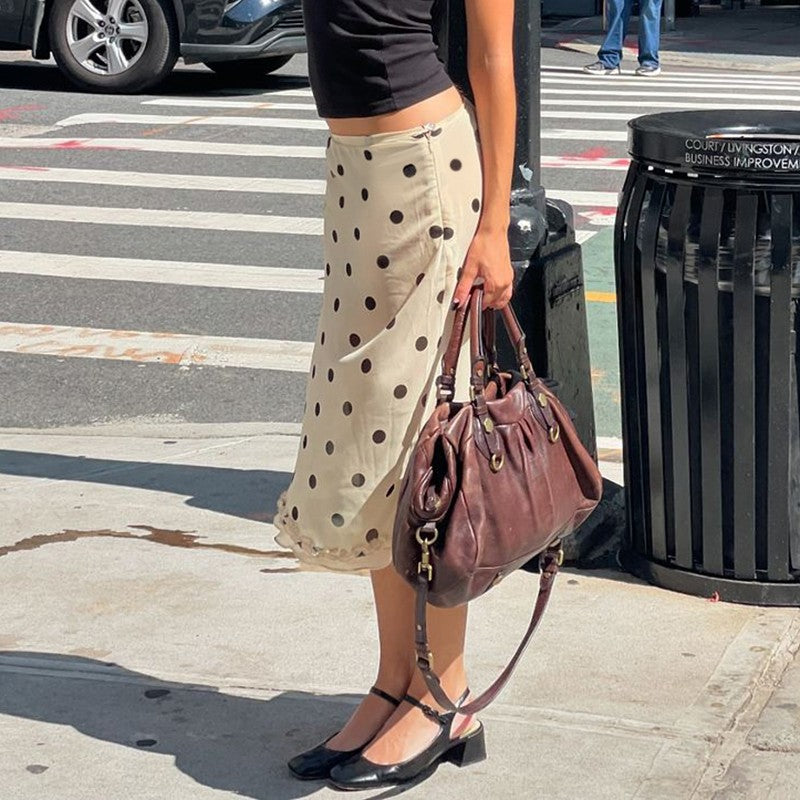 BIIKPIIK Casual Women Polka Dot Skirts Lettuce Trim Beige Elegant Midi Skirts St