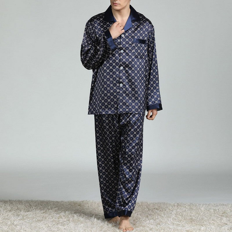 Mens Satin Silk Pajama Sets Sleepwear Casual Nightgown Loose Loungewear Pajamas Pijamas Autumn New Print Nightwear Homewear